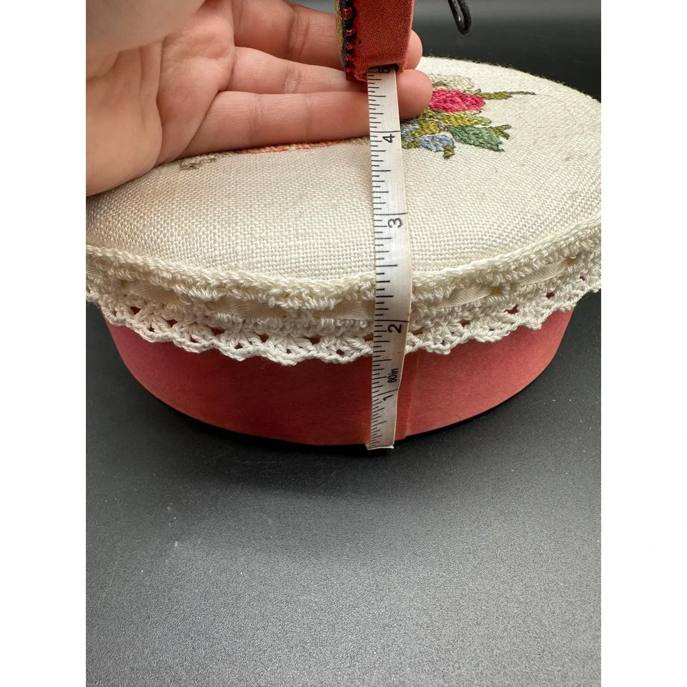 VintageVictorian Style Hand Cross Stitch Bentwood Trinket Box Floral Cottagecore